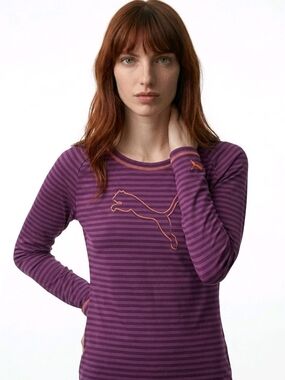 Puma Women's Purple Striped Long Sleeve Tee with Orange Logo